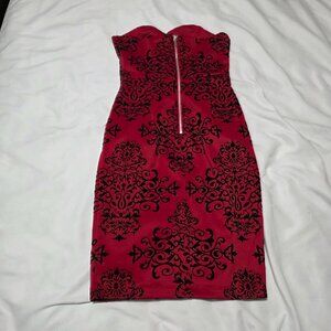 Strapless Bodycon Dress Womens 7/8 Red Black Damask Flocked Mini Party Cocktail